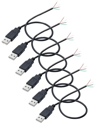 Greluma 6 Pz Pigtail USB maschio da 0,3 M, cavo USB 2.0 a 4 fili 22 AWG, estremità aperta a filo nudo a 4 pin, cavo USB maschio da 0,3 metri, cavo di alimentazione con presa USB 12 V