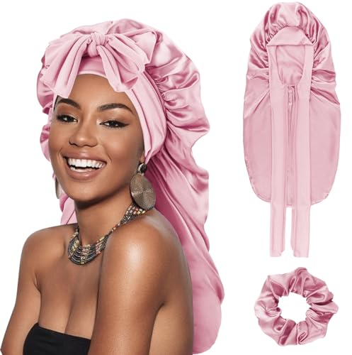 DRESHOW Lange Satin Zopfhaube für Damen Seidenhaube zum Schlafen Schlafmütze mit Elastischem Band Nachtmütze für Lange Lockiges Haar Locs