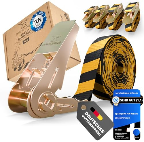 EliteSchmiede 4er-Set Spanngurte mit Ratsche – Zurrgurte in extra Warnfarbe [4m / 6m] TÜV/GS-geprüft nach DIN EN 12195-2 | 800 kg Tragkraft | Robuste Ratschengurte zur sicheren Ladungssicherung