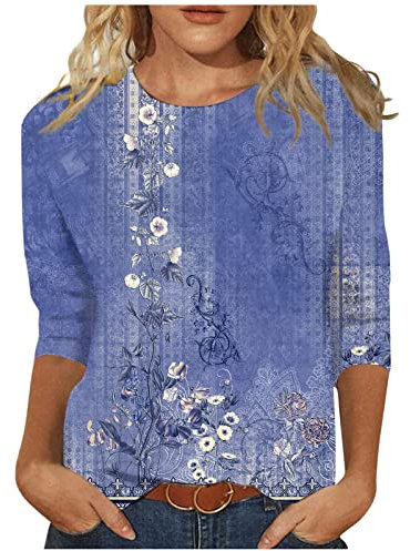 Manches 3/4 Tops pour Femmes Été Vintage Impression Col Roulé Mignon Chemises Tendance Décontracté Trois Guarter Longueur Tunique Chemisiers Bleu XL T Shirt Femme Manches 3/4 Tee Shirt Rose Femme