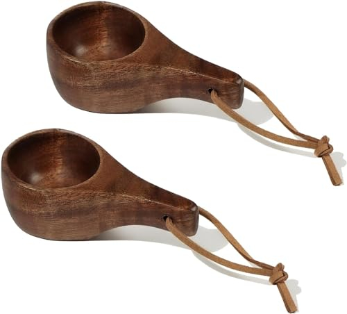 Theaque 2 mini tazas de madera Kuksa para camping, tazas portátiles para acampar al aire libre, taza de café de madera para senderismo, camping al aire libre (marrón oscuro)