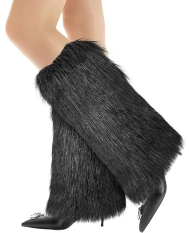 XEPST Jambières en Peluche pour Femme, Jambes en Fourrure d'hiver Manchettes, Couvre-jambes Doux et Sexy en Fourrure, Longues Bottes Manchettes pour Femmes, Noir + Gris