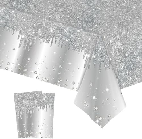 COSORO 2 Piezas Brillante Manteles de Mesa Plastico,137 * 274cm Lentejuelas Mantel Rectangular Impermeable Plateado,Mantel Antimanchas Manteles Fiesta Decoración de Mesa para Cumpleaños Boda Navidad