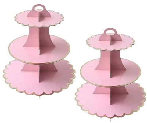 PYGHAP 2 Pack Cake Stand, Cardboard Cupcake Stand 3 Tier Dessert Holder Round Tower Cardboard Cake Stands for Christmas Birthday Wedding Easter Party Supplies (Pink)