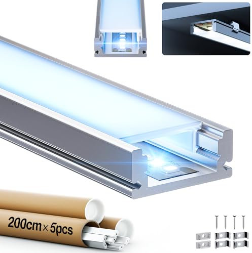GEEKLUX 5 x LED-Profil 2 m für LED-Streifen (insgesamt 10 m), Aluminiumprofil 17,4 x 7 mm mit mattem Diffusor, U-K für LED-Streifen bis 12 mm, kompatibel mit Gipskarton und Decke