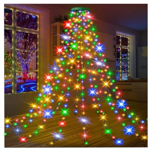 Christmas Tree Lights Indoor,200/280/300/400 LEDs Xmas Lights with Top Ring, 8 Modes & Remote Control,Waterproof String Lights for Party Decorations,USB Plug (Multi-Colour, 2M/280LEDs)