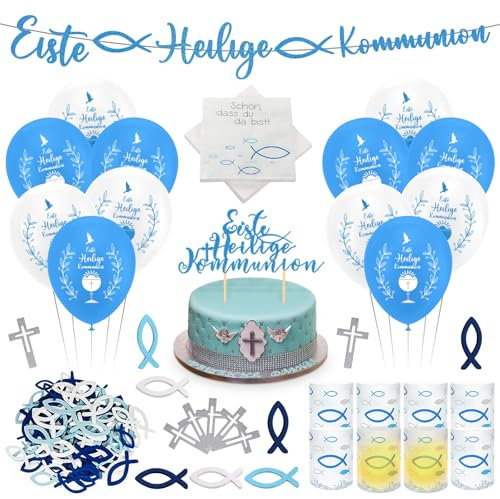 Kommunion Deko, Konfirmation Deko Junge, Taufe Deko, Kommunion Girlande + Windlicht Fisch + Servietten + Holz Fische Kreuz Deko + Luftballons + Cake Topper, Erstkommunion Deko Tischdeko