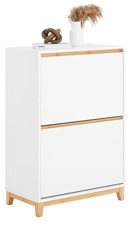 SoBuy Schuhschrank schmal mit 2 Klappen - platzsparender Schuhkipper für 8 Paar Schuhe, modernes Schuhregal für Flur, Weiß-Natur, B60 x H91 x T34cm - FSR193-WN