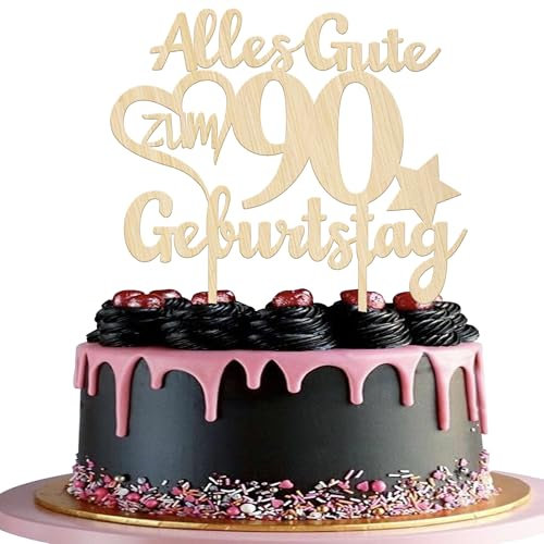 1 Stück Holz 90th Cake Topper Alles Gute zum Geburtstag 90 Jahre alt Tortendeko Prost auf 90 Kuchen Deko für Männer Frauen 90th Geburtstag Party Kuchen Dekoration
