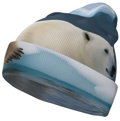 Mütze mit Eisbär-Aufdruck, modische Strickmütze mit Bündchen, Unisex, warme Mütze für Erwachsene, kaltes Wetter, Totenkopfkappe, Schwarz, Schwarz, Einheitsgr��e