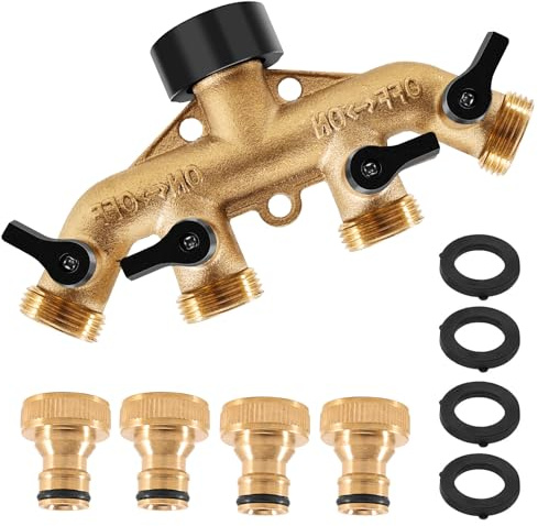 Editbar Wasserverteiler 4fach 3/4 Zoll aus Massivem Messing – Gartenschlauch Verteiler mit 4 Schnellverbinder & Dichtungen, Korrosionsbeständig, Ideal für Gartenbewässerung, Gewächshaus & Außenbereich