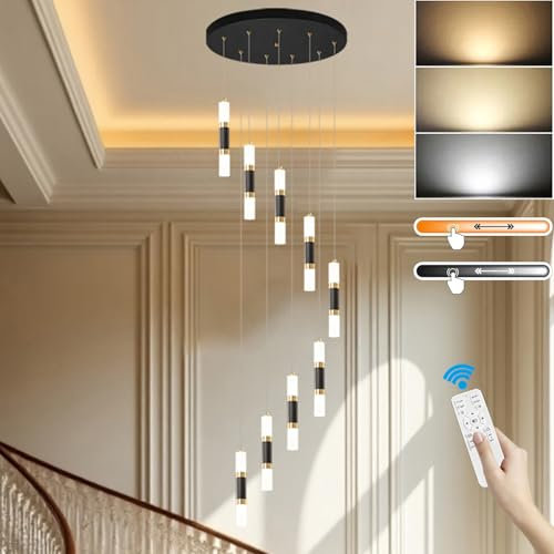 Jatwefiv Acryl Hängeleuchte Treppenhaus Modern Kreativ Minimalistisch Treppen kronleuchter 3000–6500K Pendelleuchte Höhenverstellbar mit Fernbedienung für Maisonette Wohnzimmer Villa,54W/9Lights