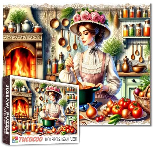 Tucocoo Vintage Kitchen Cooking Puzzle for Adults 1000 Pieces Cozy Cottage Fireplace Scene Jigsaw Puzzle with Victorian Woman, Rustic Pantry and Vegetables - Challenging Puzzle Gift for Women, Men