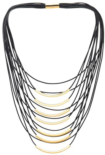 COOLSTEELANDBEYOND Collana Statement a Più Fili con Corda Nera e Barre Dorate Curve, Stile Moda Contemporanea