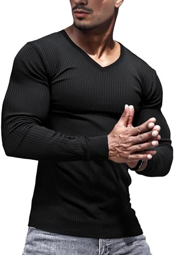 Lehmanlin Mens Thermal Underwear Long Sleeve Muscle T-Shirt Slim Fit V Neck Undershirts Elasticity Ribbing Pullover Top