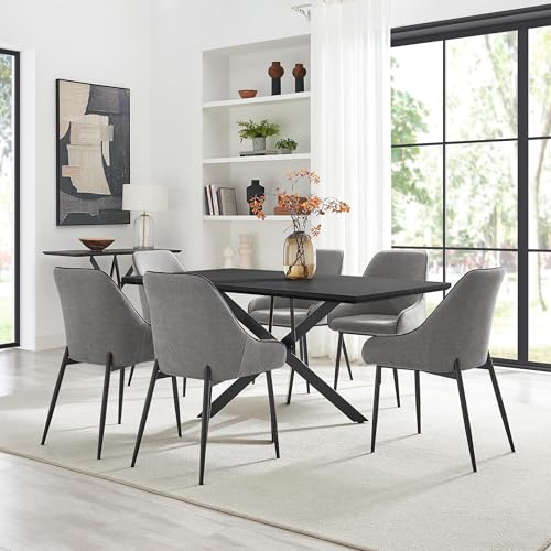Furniturebox UK Leonardo Black Top Dining Table and 6 Beaumont Fabric Chairs, Grey