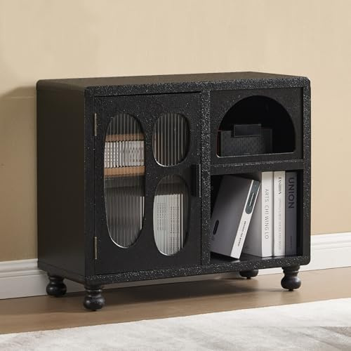 chairus Kitchen Sideboard MDF Wood Storage Cabinet with Glass Doors Modern Small Display Cabinets for Living Room (Black)