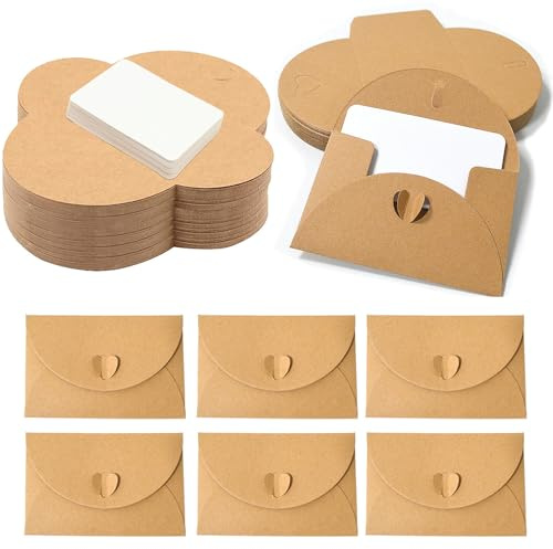 Zorplex 100 Stück Mini Briefumschläge mit 100 Blanko Karten, Kleine Kraftpapier Umschläge mit Herzverschluss, ideal für DIY Geschenkkarten, Dankeskarten, Einladungen und Party Einladung (100)