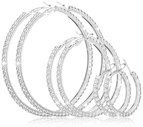5 Pairs Rhinestone Hoop Earrings, 3/5/7 cm Shiny Round Party Lightweight Rhinestone Sparkly Hoop for Wedding Party Gift