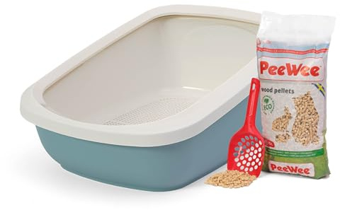 Katzentoilette PeeWee EcoGranda Katzenklo Schale offen Katzen WC inkl. 3kg Streu, Farbe: Taubenblau-Creme