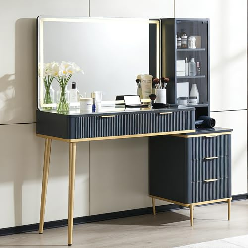 AetherWood Fluted Schminktisch 48 Zoll mit 36 Zoll HD LED-Spiegel & Steckdose, Frisiertisch mit Licht, 5 Schubladen, Glasplatte,Dunkelgrau
