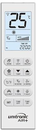 Unitronic AIR+ Telecomando Universale Condizionatore, Display Retroilluminato, Funzione Hotel (Blocco Temp/Vent), 4000 Codici, Ricerca Automatica