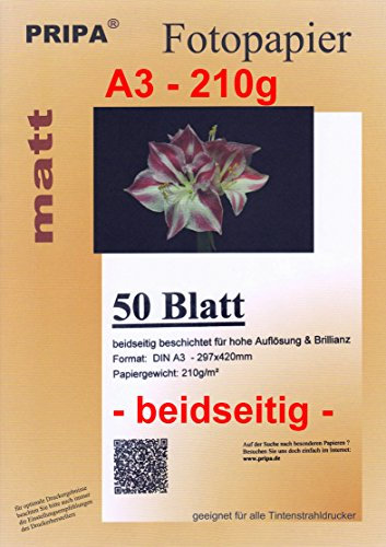 pripa 50 Blatt InkJet Fotopapier - matt beidseitig beschichtet - OHNE Glanz - DIN A3-210g - Tintenstrahldrucker