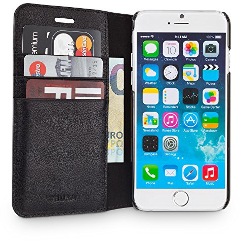 WIIUKA Echt Ledertasche - TRAVEL Away - für Apple iPhone 8 Plus und iPhone 7 Plus mit Vier Kartenfächern, extra Dünn, Tasche Schwarz, Leder Hülle kompatibel mit iPhone 8 Plus / 7 Plus