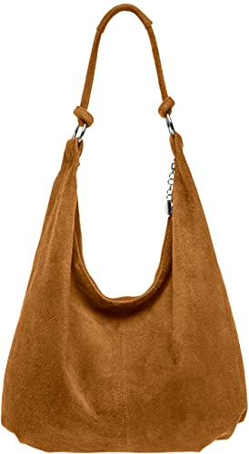Caspar Große Damen Vintage Veloursleder Tasche Samtweiche Schultertasche aus Leder - CLASSIC LINE - Modell No.617 - Made in Italy, Farbe:braun