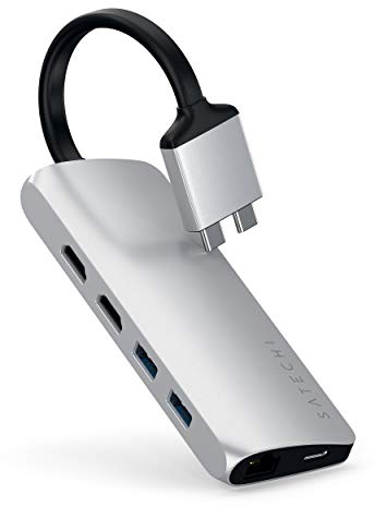 Satechi Type-C Dual Multimedia Adapter with Dual 4K HDMI, USB-C PD, Gigabit Ethernet, Micro/SD Card Readers, USB 3.0 - For M2/ M1 MacBook Pro/Max (Silver)
