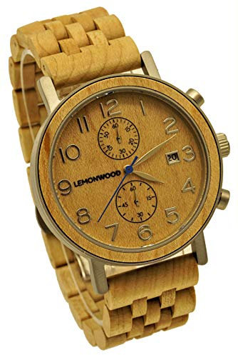 LEMONWOOD Damenuhr Holz-Armbanduhr Herrenuhr Unisex Holzuhr aus Ahorn-Holz 30 M Waterproof Chronograph Quarzuhr Savannah