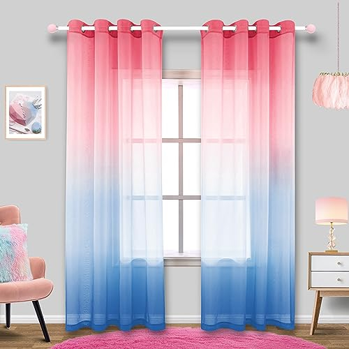 Vorhänge für Mädchen-Schlafzimmer in Blush Pink und Blau, 2 Stück, Gardinen mit Ösen, durchscheinendes Fenster, Voile, Ombre Regenbogen, Spielzimmer, 132x213 cm Länge