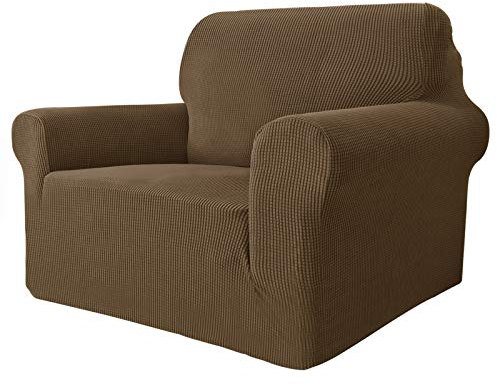 MAXIJIN Super Stretch Stuhlbezüge für Wohnzimmer, 1-teiliger Universal Stuhlbezug mit Armlehnen Jacquard Spandex Stuhlschutz Hunde Haustierfreundliche Sofa Couch Sesselbezug (1 Sitzer, Braun)