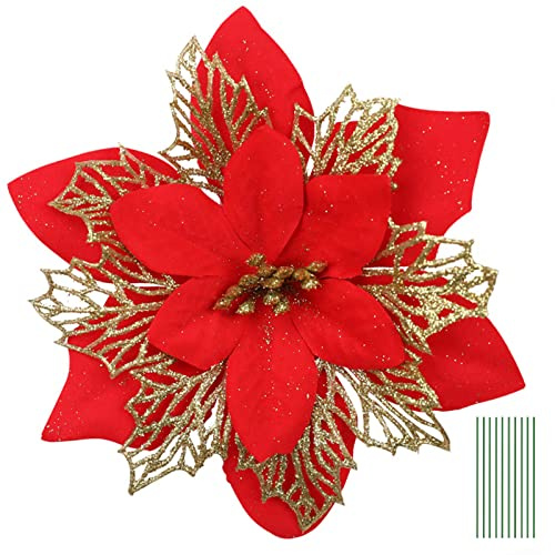 Yueshop 10PCS Artificial Flowers Christmas Glitter Artificial Three Layer Christmas Flowers Floral Accessories for Christmas Tree Ornaments Xmas Garland Wreath DIY Decorations (Red)