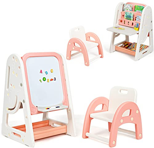COSTWAY 2 in 1 Kinder Staffelei & Kindersitzgruppe mit Bücherregal, Kindertisch & -stuhl mit Aufbewahrungsablage und klappbarer Tischplatte, Standtafel mit Malzubehör (Orange)