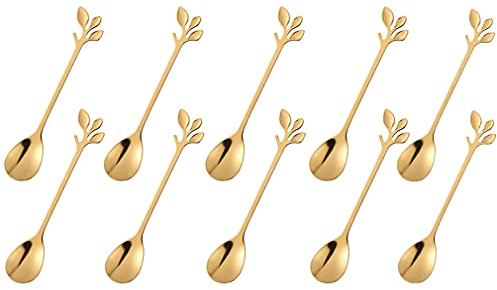10pcs Coffee Sugar Spoons Stainless Steel Leaf Dessert Spoons for Stirring Mixing Milk Creative Cake Espresso Ice Cream Teaspoons Tableware by RuiChy, Gold