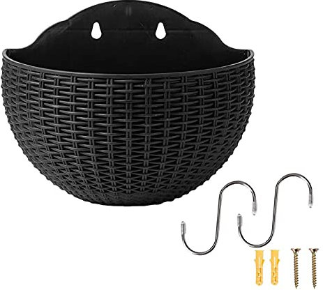 ERZU Macetero para colgar en la pared, maceta semicírculo de imitación de ratán con drenaje y 2 ganchos