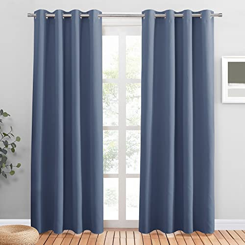 PONY DANCE Wohnzimmer Gardinen Blickdicht Ösenvorhang 2er Set Verdunklungsvorhänge mit Ösen Übergardinen Thermal Blackout Curtains for Bedroom, H 200 x B 140 cm, Dunstblau