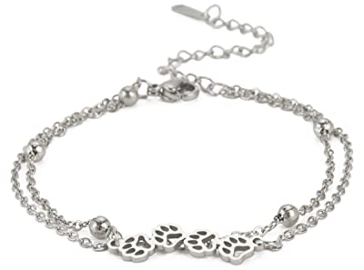 Amaxer Doppelketten-Fußkettchen, Fuchspfotenabdruck, Katze auf dem Mond, Yoga, Om-Afrika-Karte, Knöchelkette, Edelstahl-Anhänger, Charm, verstellbares Armband, 22 cm (Pfotenabdruck-S), Metall