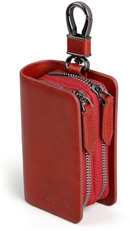 VISOUL Echt Leder Autoschlüssel Abdeckung Schlüsseltasche Auto Schlüssel Anhänger Antik Vintage Doppelter Reißverschluss Karabienerhacken Tasche Rot E01