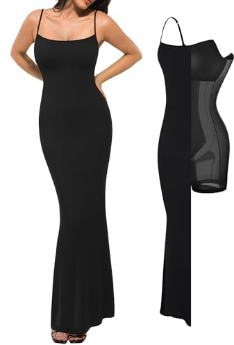 Popilush Maxi Bodycon Dress with Built in Bra, Shapewear Black M