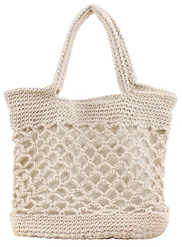 Hsthe Sea Bolsa de playa de paja Bolsa de hombro Bolso de verano para mujer Bolsa de cubo de tejido Bolsa de cesta Bolsa de rafia Bolsa bandolera casual al aire libre para viajes Blanco cremoso