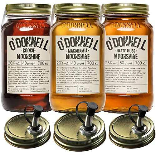 O'Donnell Moonshine Geschenkset | Geschenkbox | Premium Likör nach amerikanischer Tradition | 3 x 700ml | Natürliche Zutaten | Vegan | mit Ausgießer (Macadamia/Cookie/Harte Nuss)