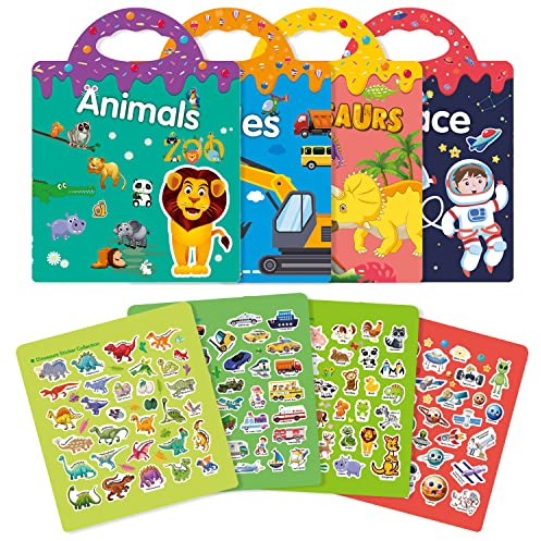 GUYUCOM 4 Pack Reusable Sticker Books, Toys for Age 3 4+ Year Old Kids Boys Girls Toddlers, 3D Clear Animal Space Vehicles Dinosaur Sticker Book Educational Learning Toy Birthday Gifts