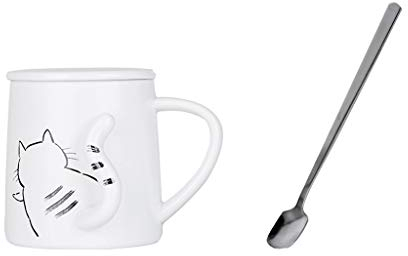 Tasse à café Lovely Cat Mugs imprimés, tasse en forme de chat 3D avec couvercle et cuillère, simple créatif, tasse à café/thé/eau/lait en céramique for latte, cappuccino, thé vaisselle ( Color : C )