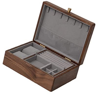 RIFWOVE Rangement Bijoux Coffret Bijoux, Boîte à Bijoux en Bois Massif Noyer, 25x19x9cm, Couche Double, Bagues Boucles d'oreilles Colliers Bracelets, Cufflinks, Brooches, Pendants Boite à Bijoux