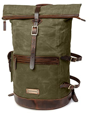 DRAKENSBERG Großer Reise Rucksack 'Dale' aus gewachstem Canvas mit Leder, wasserabweisend - Vintage-Design, bis 60L - Wald-Grün, DR00625