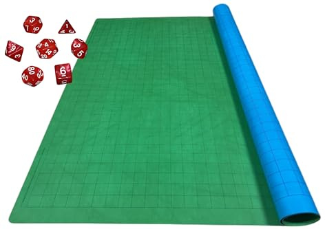 Chessex DnD Battle Mat | Role-Playing Grid Battlemap | Foldable Battle Grid | DnD Map Grid with One Inch Squares - Free Red Dice Set - Double Sided Grid Battlemap Blue and Green Neoprene Mat 26 x 23.5