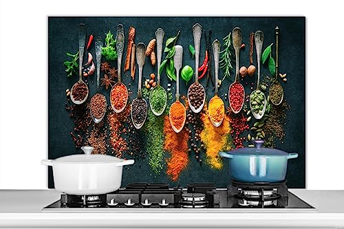 KitchenYeah© Spritzschutz Küchenrückwand Küche Deko Aluminium Platte Wandschutz Herd Spritzschutz WandverkleidungKräuter - Gewürze - Löffel - Pfeffer - 100x65 cm