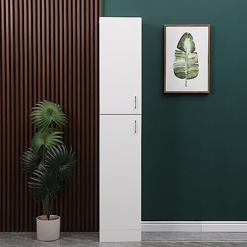 Menaka Tall Bathroom Storage Unit Cabinet Free Standing White High Glossing Slim Tallboy Cupboard with Shelves and Door Living Room Bookshelf Bookcase for Home Office Corner Narrow Small Space (White)